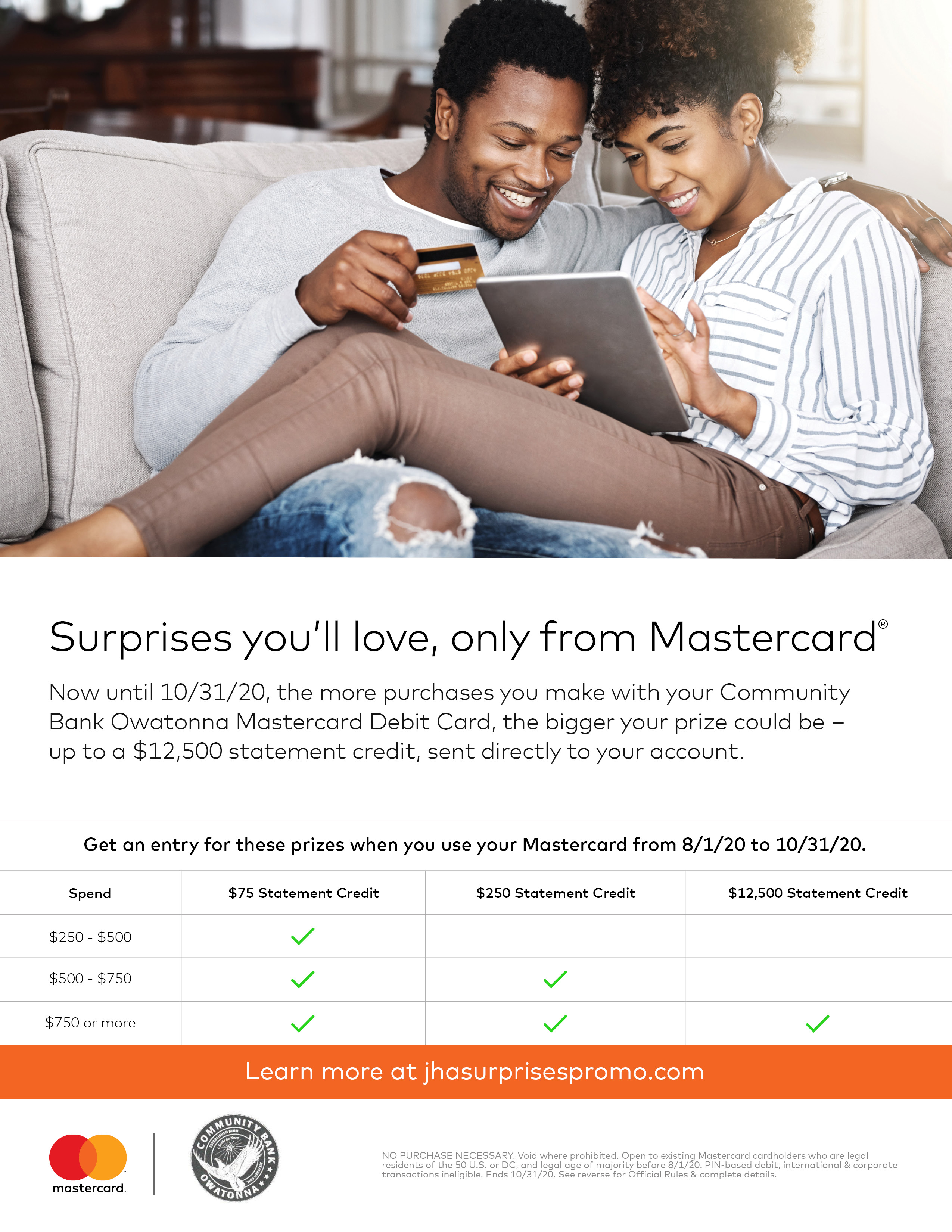 Surprises you'll love, only from Mastercard.  Get an entry for these prizes when you use your CBO Mastercard Debit Card from 8/1/20 to 10/31/20.  Learn more at jhasurprisespromo.com.